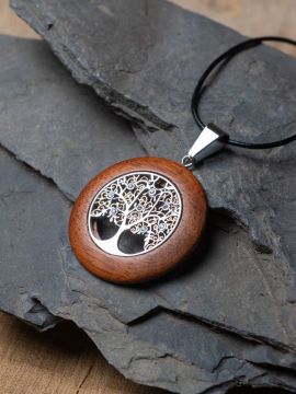 Two-tone tree of life pendant made of wood and stainless steel