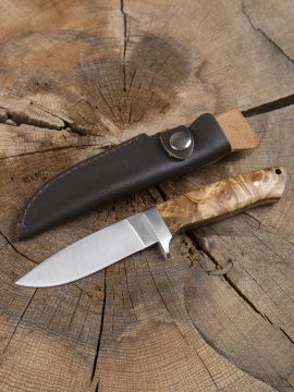 Hunting knife with burl wood handle and leather sheath