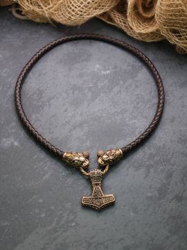 Leather necklace with Thor's hammer bronze