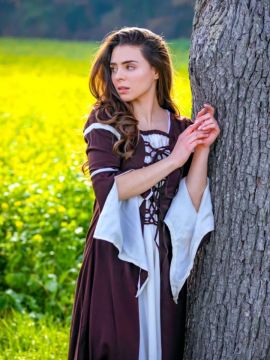 Dress with trumpet sleeves, brown-nature M