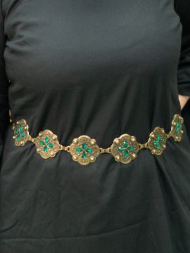 Chain belt with green stones antique brass