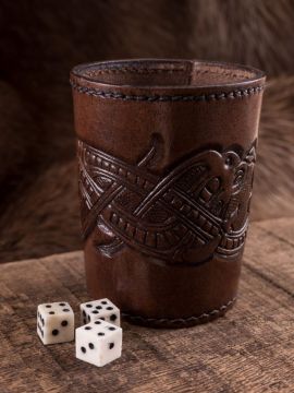 Dice cup with dragon motif brown with 3 bone cubes