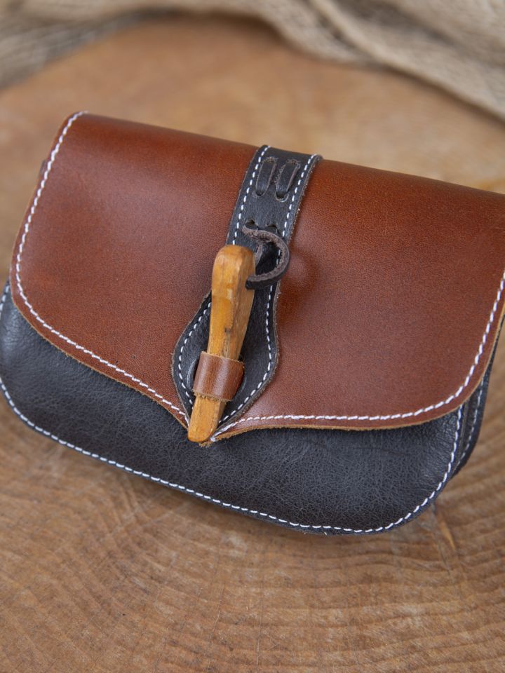 Leather belt pouch with wooden clasp brown