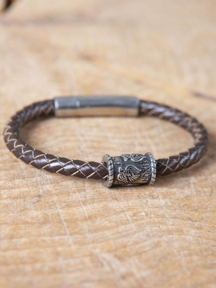 Brown leather bracelet with "Odin's ravens" Viking bead