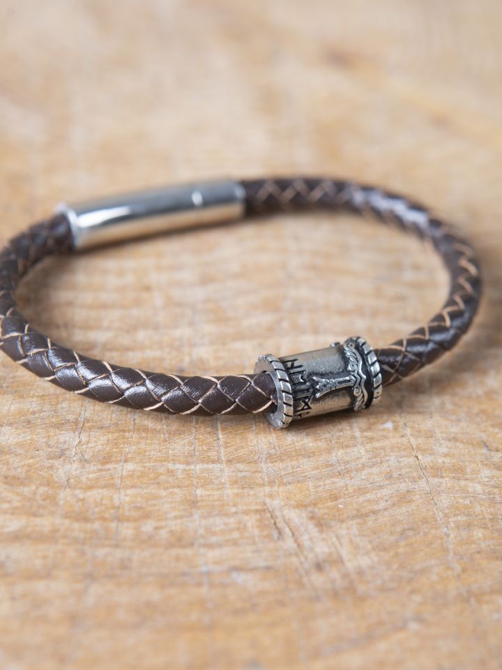 Brown leather bracelet with "Irminsul" Viking bead