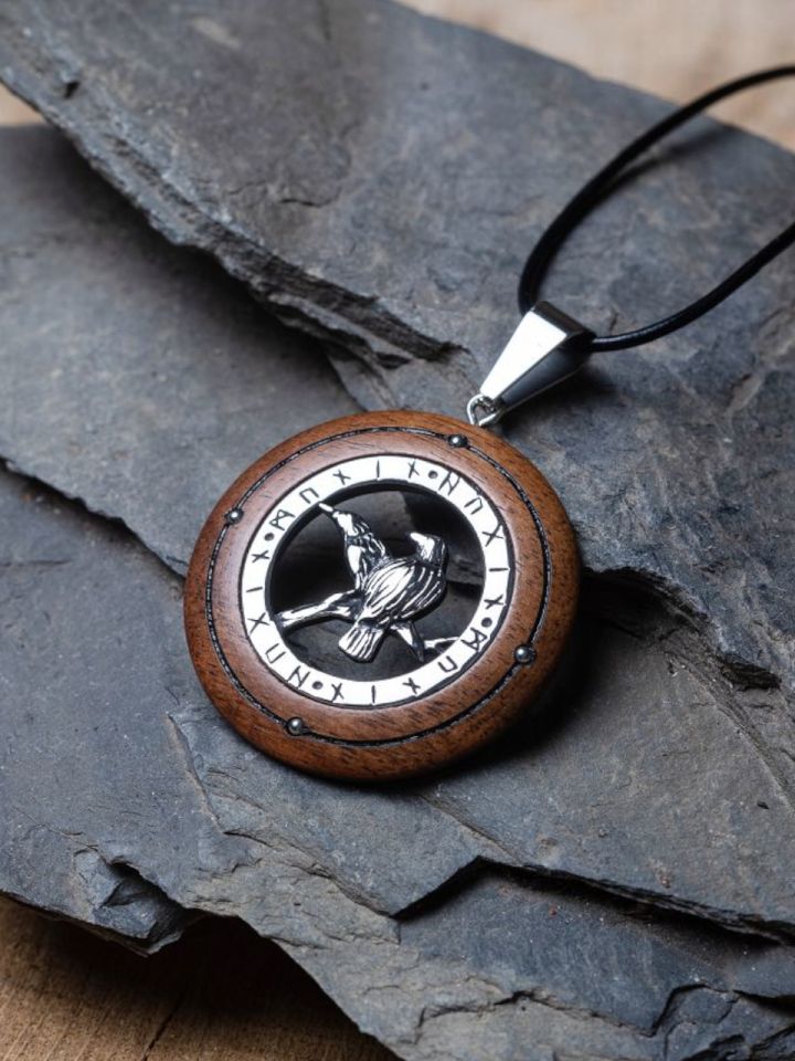 Odin's ravens pendant made of wood and stainless steel