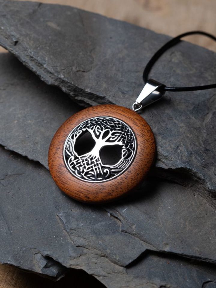 Tree of life pendant made of wood and stainless steel