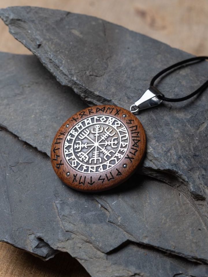 Viking compass pendant made of wood and stainless steel