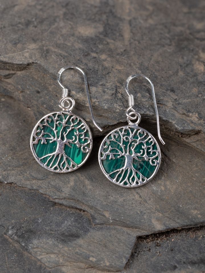 Earrings tree of life with malachite