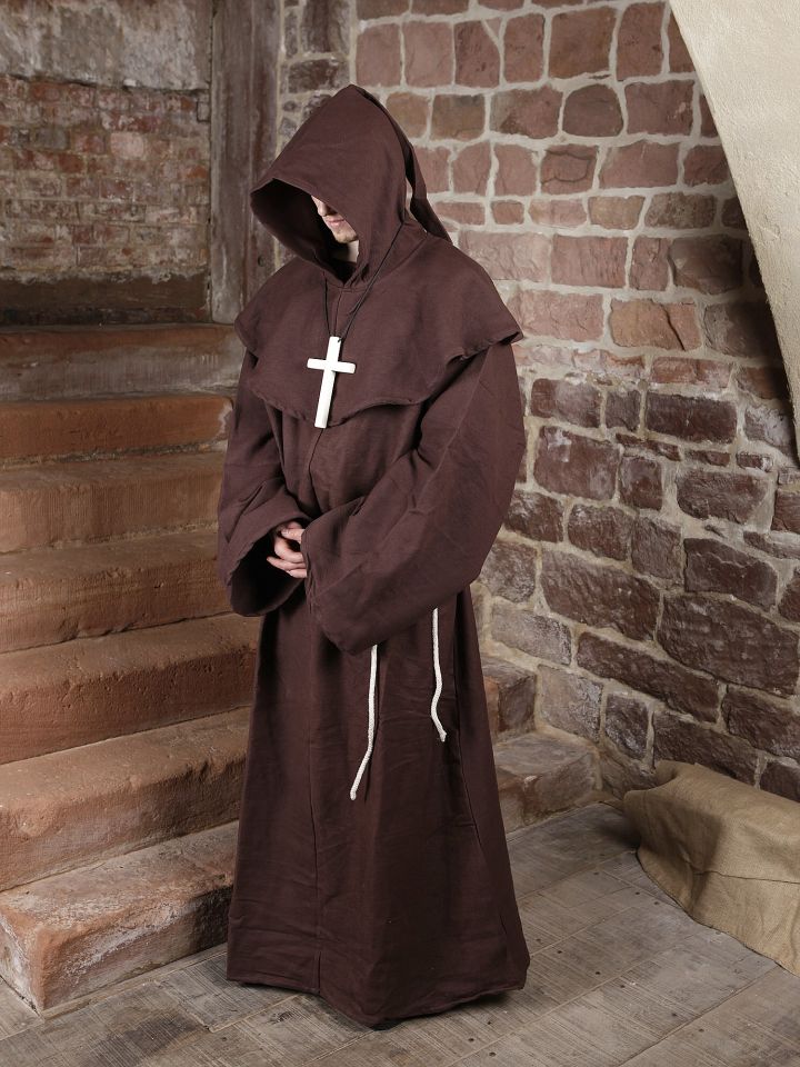 Monk's cowl (with hood and rope) brown with cross