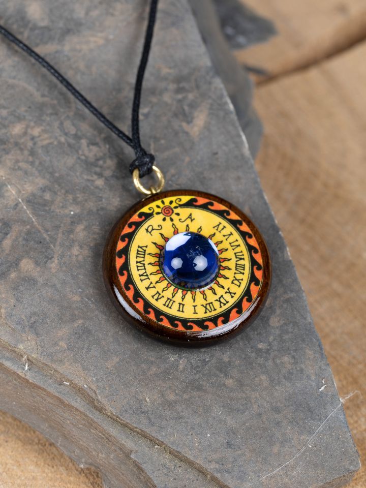 Necklace with Saturn made of wood large sapphire