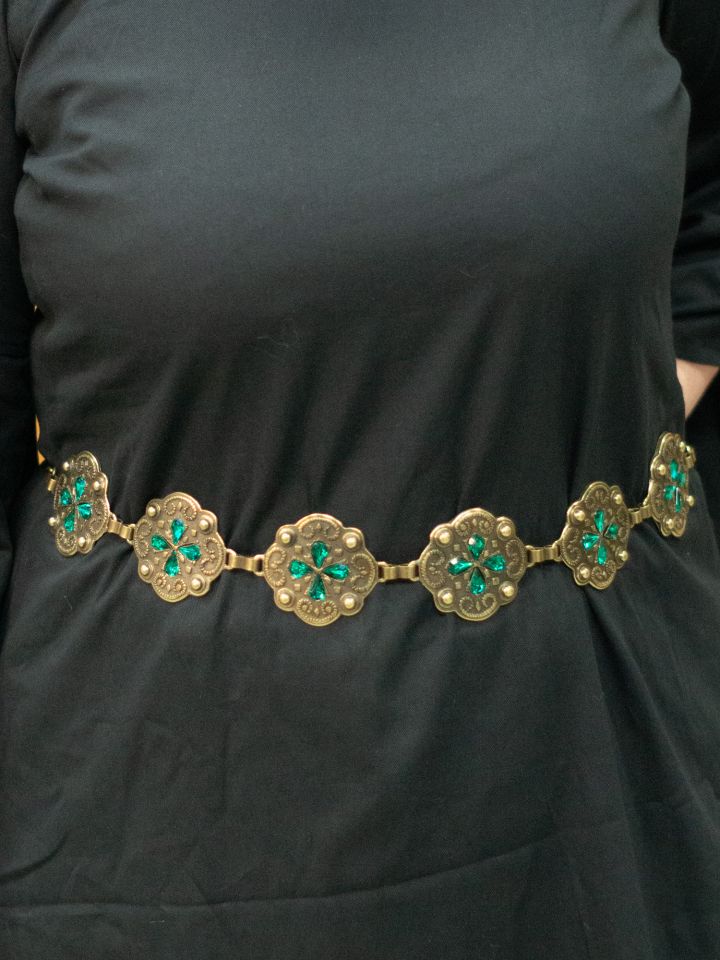 Chain belt with green stones antique brass