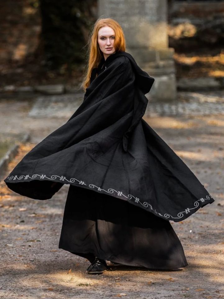 Wool cape with embroidery, black