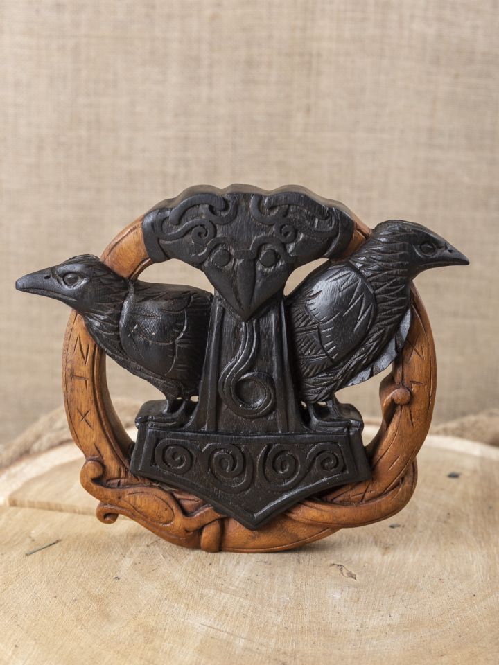 Wooden wall decoration Hugin & Munin with Thor's hammer