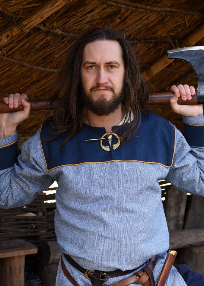 Viking tunic with herringbone pattern blue L 2