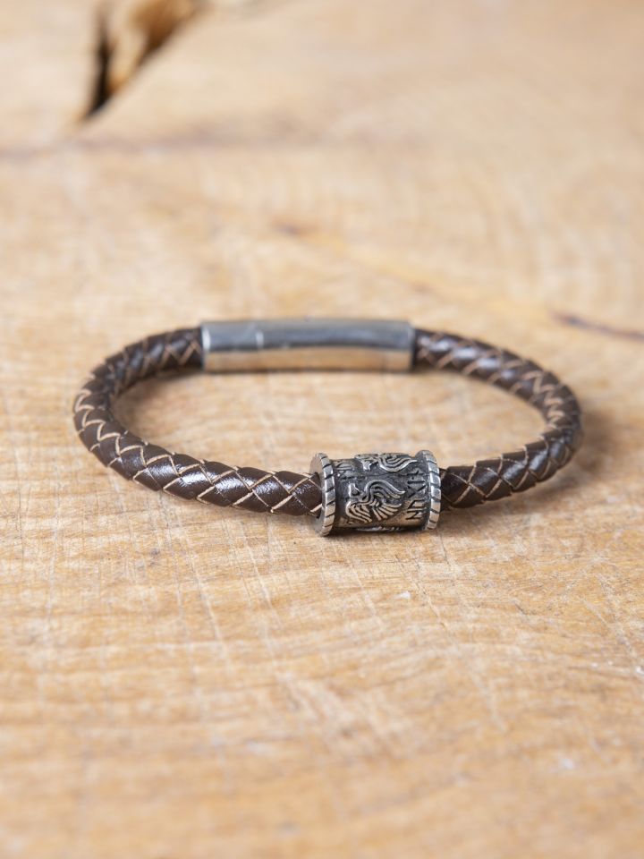 Brown leather bracelet with "Odin's ravens" Viking bead 2