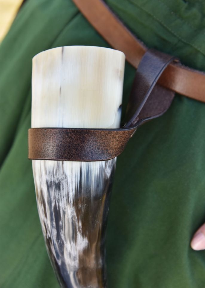 Simple belt holder for Drinking Horn made of brown leather 2