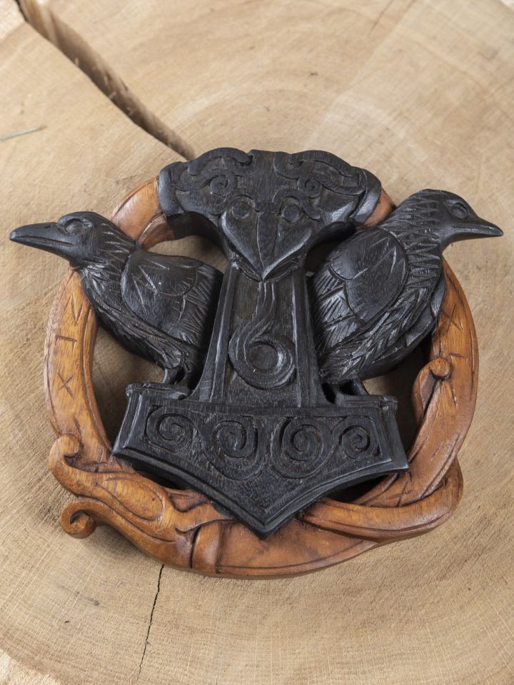 Wooden wall decoration Hugin & Munin with Thor's hammer 2