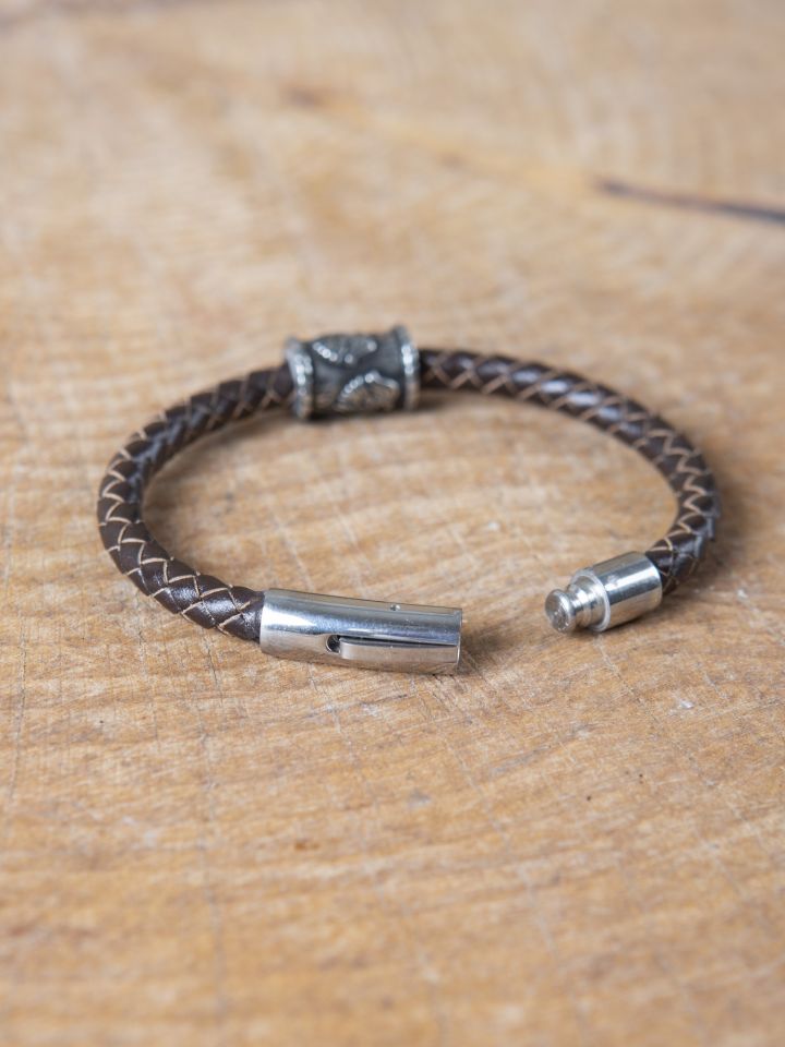 Brown leather bracelet with "Odin's ravens" Viking bead 3