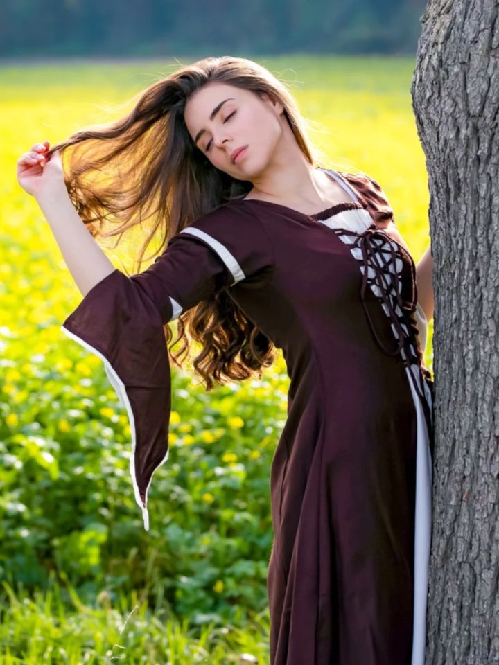 Dress with trumpet sleeves, brown-nature M 3