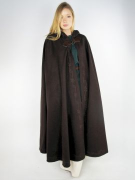 Wool cape with embroidery and brooch, brown