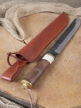 Knife with wooden handle and leather sheath